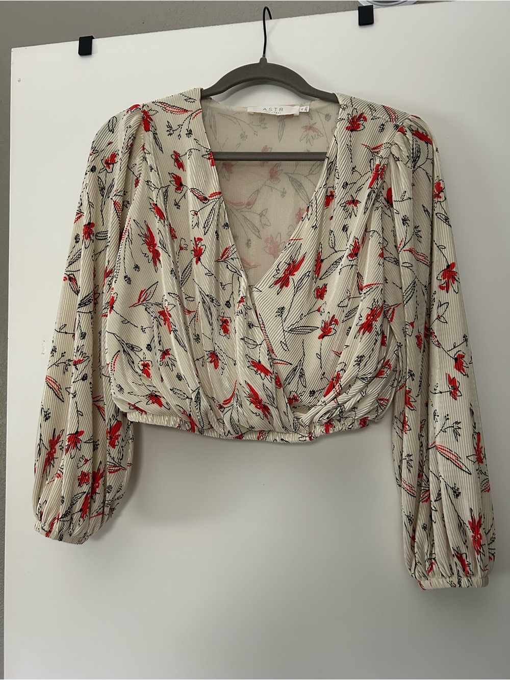 Astr Cream Floral Wrap Blouse with Red Accents